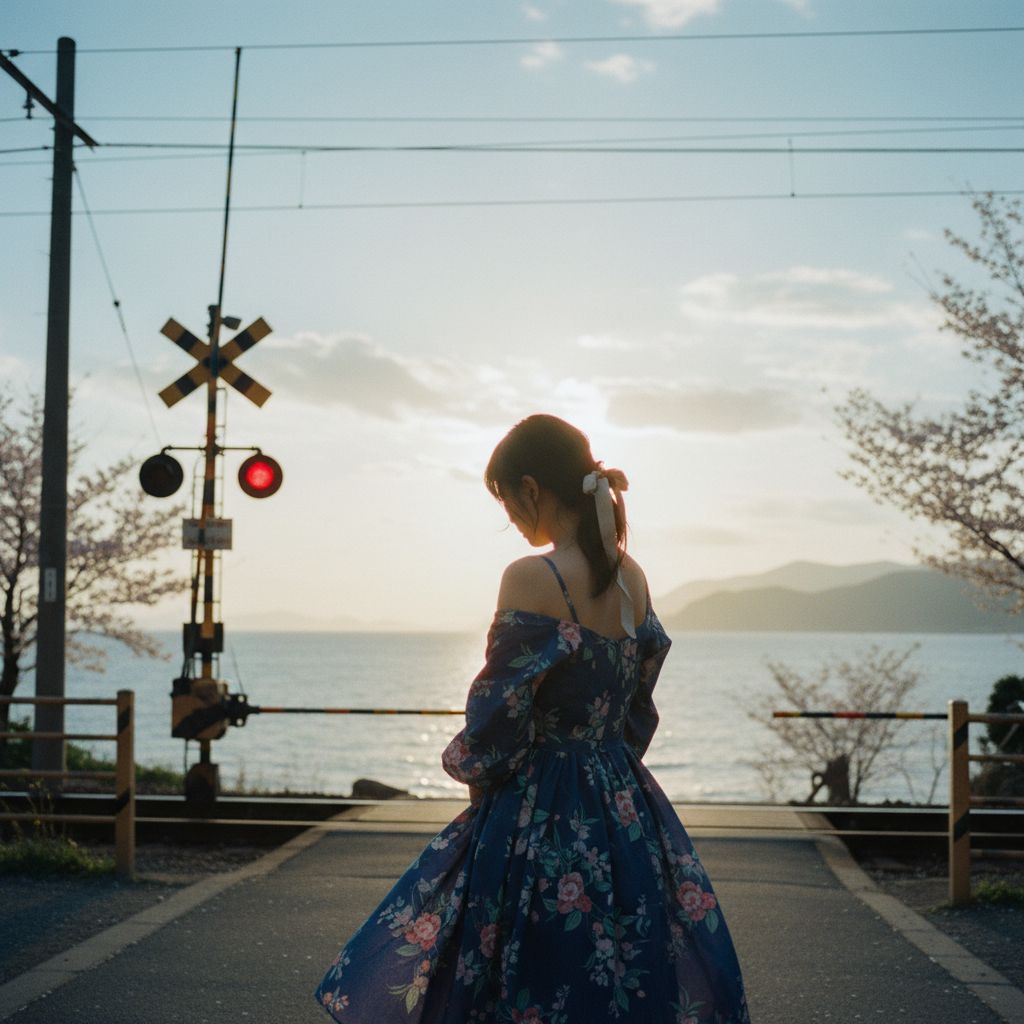 A young woman waiting at a seaside train crossing, 35mm film