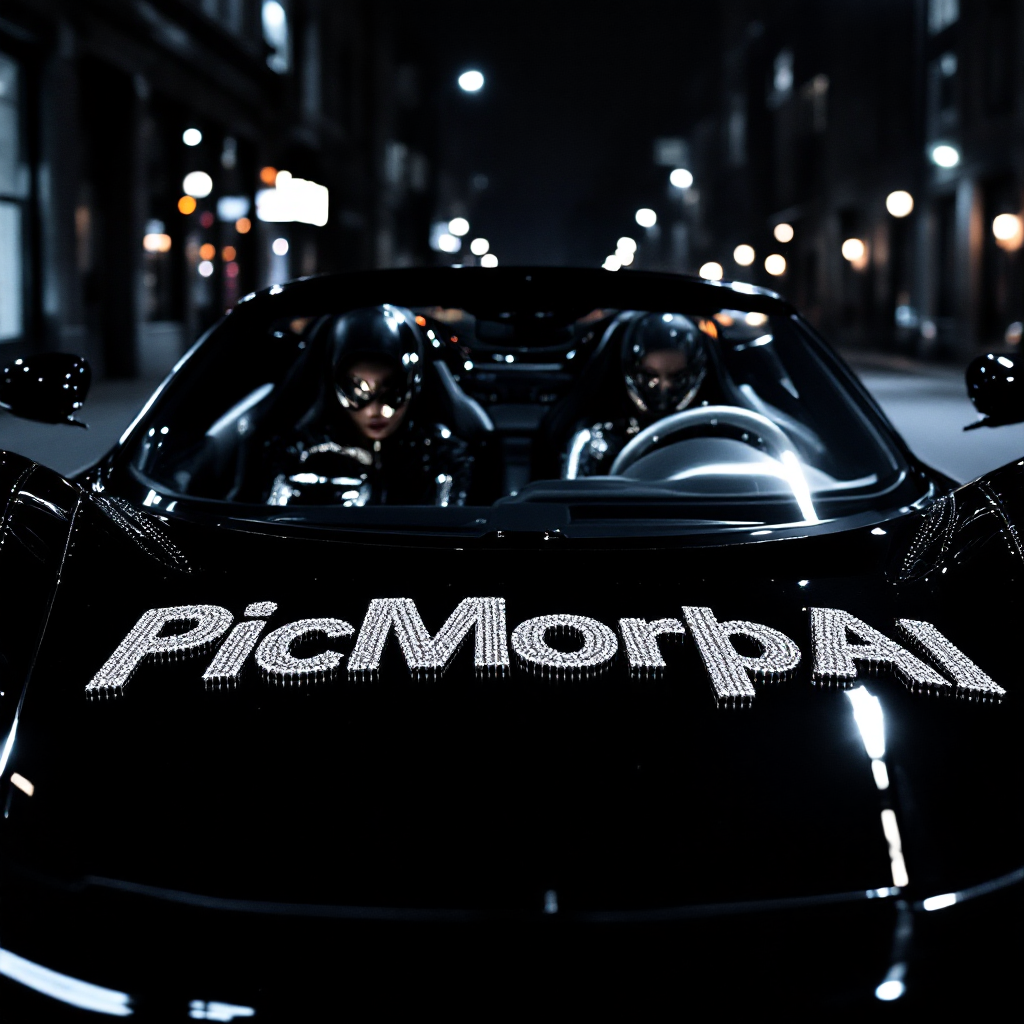 ‘PicMorph AI’ written on the hood of a car, bejeweled lettering